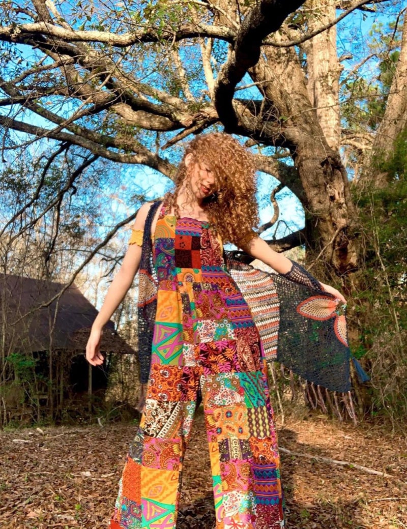 Himosyber Women's Patchwork Dual Pocket Jumpsuit Loose Floral Print Bohemian Wide Leg Bib Overall (Orange-XL) - Image 2