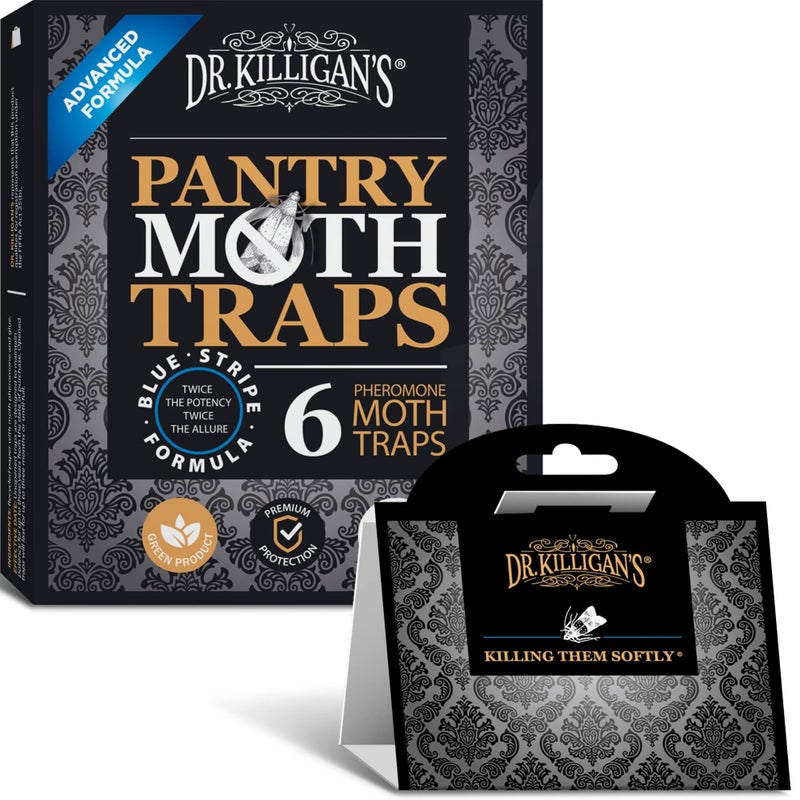 Dr. Killigan's Premium Double Potent Pantry Moth Traps with Pheromones Prime, Sticky Indian Meal Moth Traps for Kitchen, How to Get Rid of Moths in House, Organic Moth Pheromone Traps (6 Pack, Black) - Image 1
