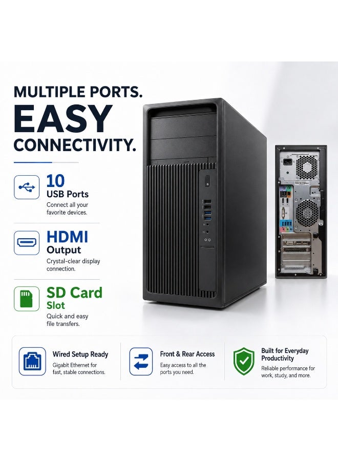 كمبيوتر مكتبي تاور احترافي - معالج  كور i7-6700K، ذاكرة 8 جيجابايت DDR4، هارد 1 تيرا بايت HDD، كارت شاشة إنتل HD P630، عدد 10 منافذ USB، منفذ HDMI، قارئ كروت SD، ويندوز 10 هوم مع ماوس ولوحة مفاتيح وكابلات مجاناً - Image 3