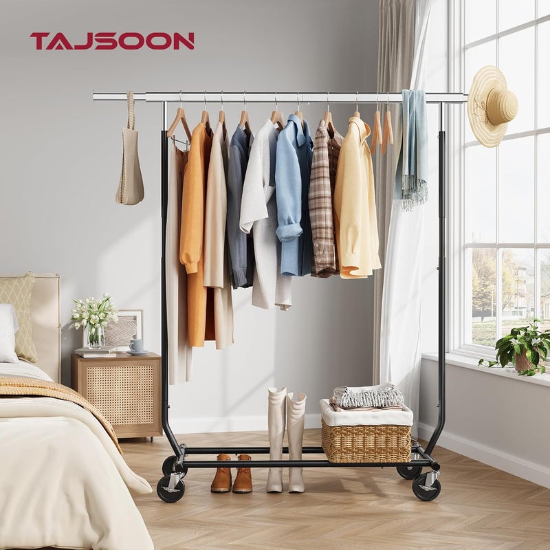 Tajsoon حامل ملابس الثقيل بقدرة تحمل 350 رطلاً، حامل ملابس معدني بعجلات وقضيب قابل للتمديد، حامل ملابس متحرك قابل للطي لتعليق الملابس مع رف سفلي، لون أسود - Image 2