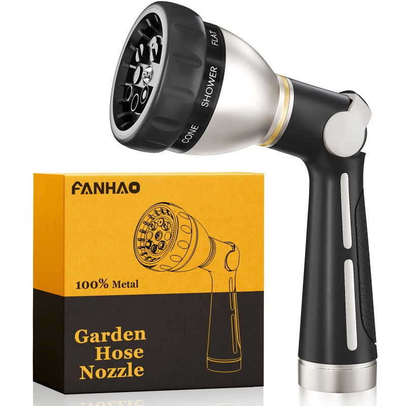 Fanhao فوهة خرطوم الحديقة FANHAO 100% معدنية ثقيلة، رشاش خرطوم ماء عالي الضغط مع 8 أنماط رش، تحكم بالإبهام، صمام تشغيل وإيقاف لري الحدائق، وغسل السيارات والحيوانات الأليفة - Image 1