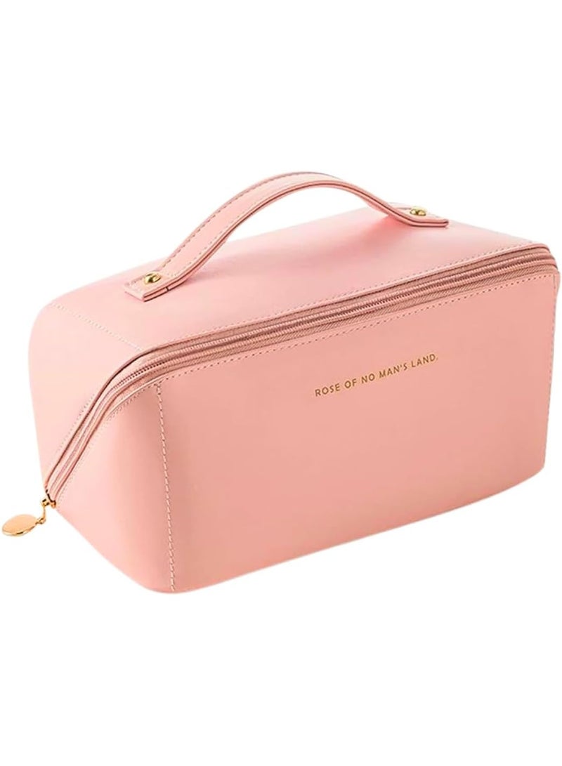 شنطة مستحضرات تجميل للسفر من الجلد بسعة كبيرة، شنطة مكياج متعددة الوظائف من جلد البولي يوريثين، شنطة مستحضرات تجميل للسفر مقاومة للماء مع مقبض ومقسم للنساء (وردي) - Image 1