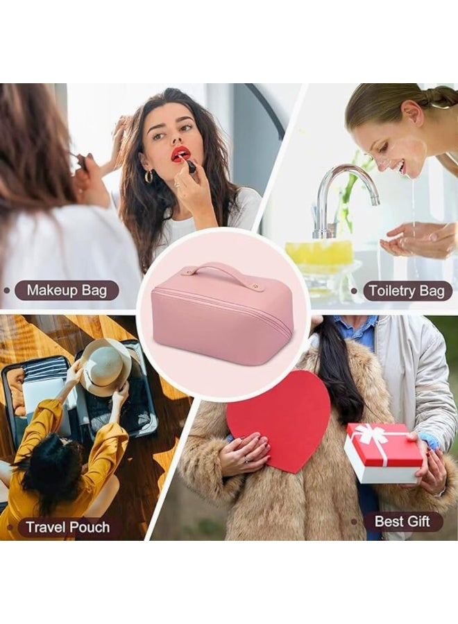 شنطة مستحضرات تجميل للسفر من الجلد بسعة كبيرة، شنطة مكياج متعددة الوظائف من جلد البولي يوريثين، شنطة مستحضرات تجميل للسفر مقاومة للماء مع مقبض ومقسم للنساء (وردي) - Image 4