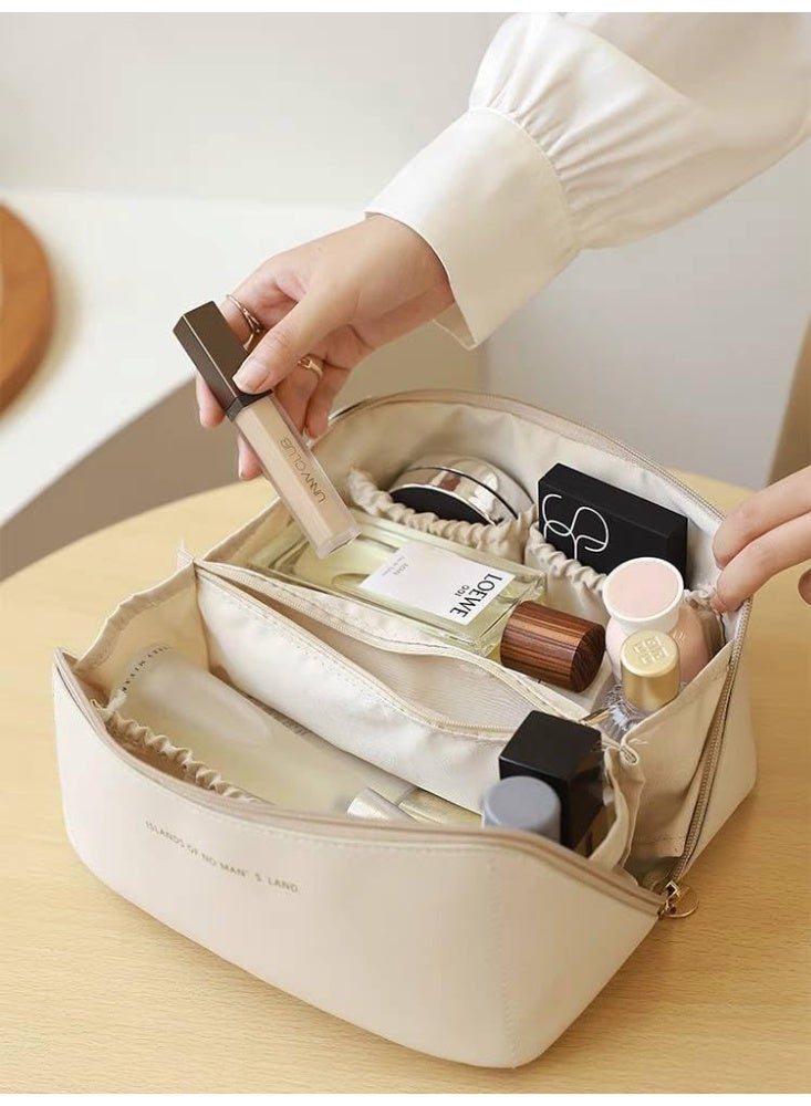 شنطة مستحضرات تجميل للسفر من الجلد بسعة كبيرة، شنطة مكياج متعددة الوظائف من جلد البولي يوريثين، شنطة مستحضرات تجميل للسفر مقاومة للماء مع مقبض ومقسم للنساء (وردي) - Image 3
