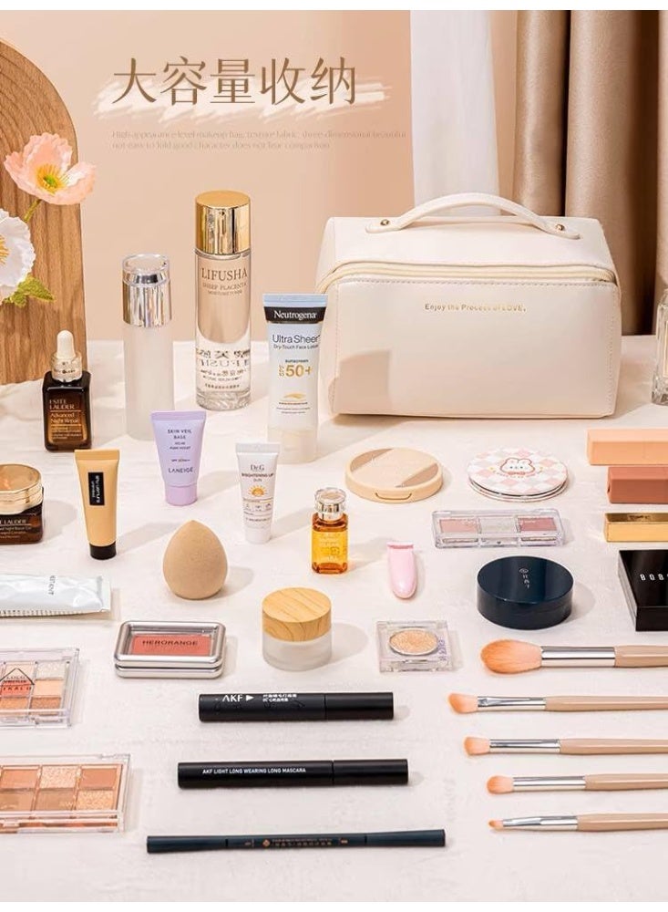 شنطة مستحضرات تجميل للسفر من الجلد بسعة كبيرة، شنطة مكياج متعددة الوظائف من جلد البولي يوريثين، شنطة مستحضرات تجميل للسفر مقاومة للماء مع مقبض ومقسم للنساء (وردي) - Image 2