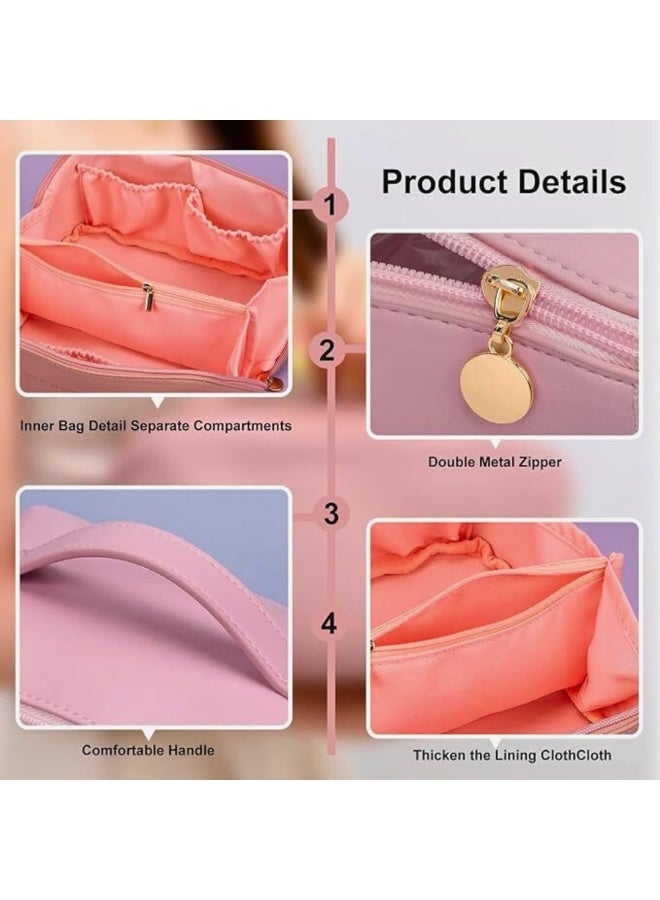 شنطة مستحضرات تجميل للسفر من الجلد بسعة كبيرة، شنطة مكياج متعددة الوظائف من جلد البولي يوريثين، شنطة مستحضرات تجميل للسفر مقاومة للماء مع مقبض ومقسم للنساء (وردي) - Image 5
