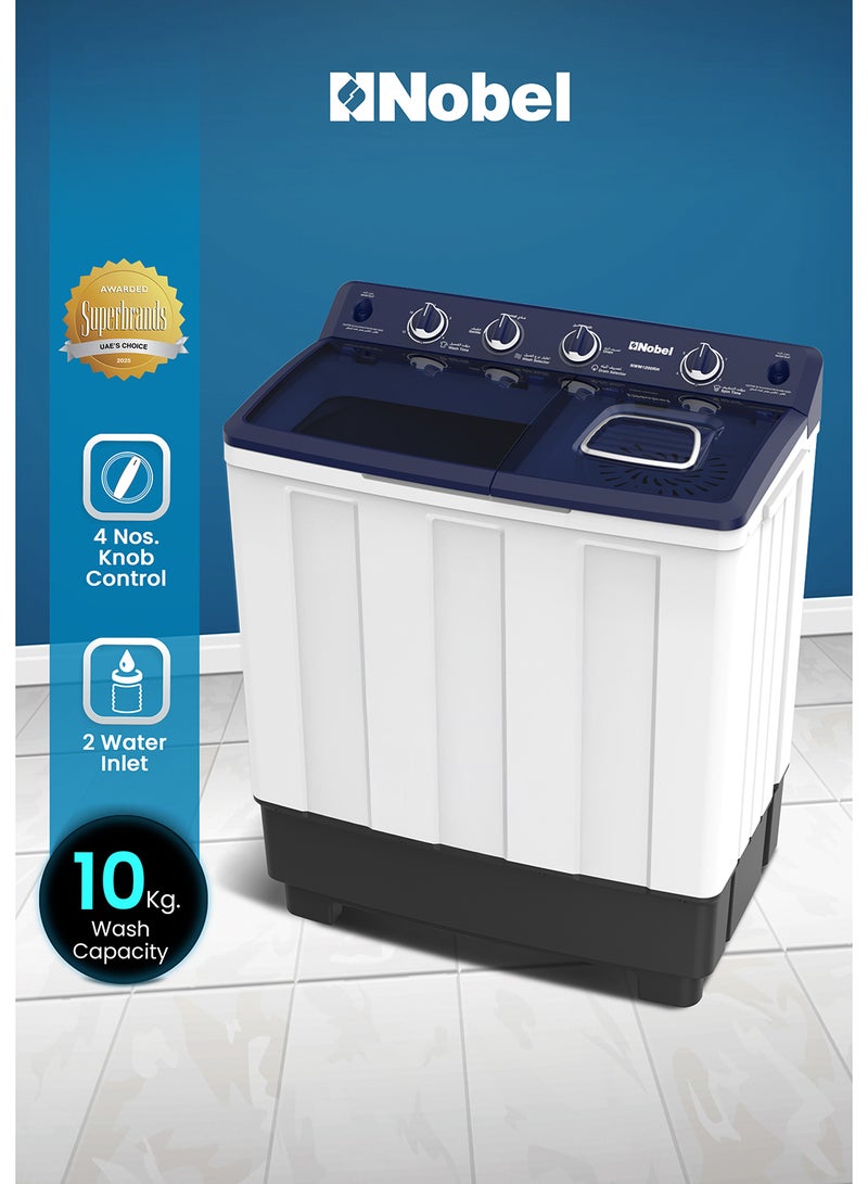 Nobel 10/5 Kg Twin Tub Washer Dryer with 10KG washer and 5KG spin capacity, 1300 RPM, ABS Control Panel, PP Pulsator, Dual Timer, Heavy/Regular Wash, Transparent Lid, Lint Filter 10 kg (1 Year Warranty) 10 kg NWM1200RH White / Black / Gold - Image 1