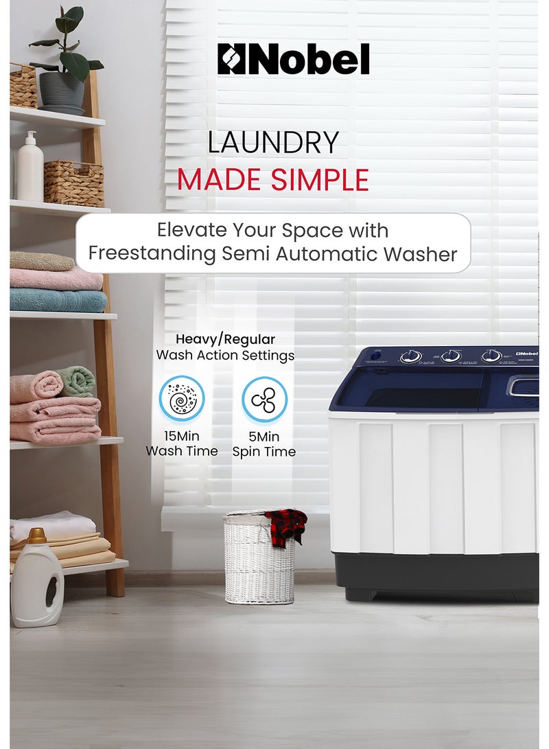 Nobel 10/5 Kg Twin Tub Washer Dryer with 10KG washer and 5KG spin capacity, 1300 RPM, ABS Control Panel, PP Pulsator, Dual Timer, Heavy/Regular Wash, Transparent Lid, Lint Filter 10 kg (1 Year Warranty) 10 kg NWM1200RH White / Black / Gold - Image 5