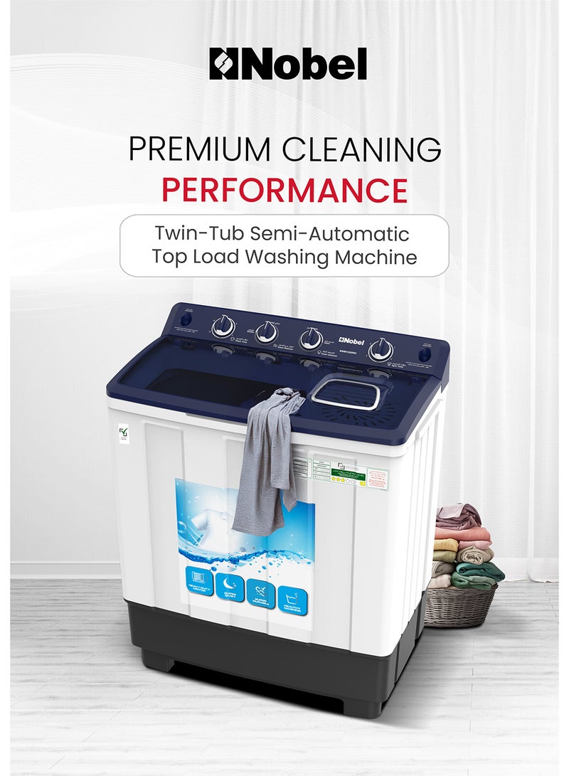 Nobel 10/5 Kg Twin Tub Washer Dryer with 10KG washer and 5KG spin capacity, 1300 RPM, ABS Control Panel, PP Pulsator, Dual Timer, Heavy/Regular Wash, Transparent Lid, Lint Filter 10 kg (1 Year Warranty) 10 kg NWM1200RH White / Black / Gold - Image 2