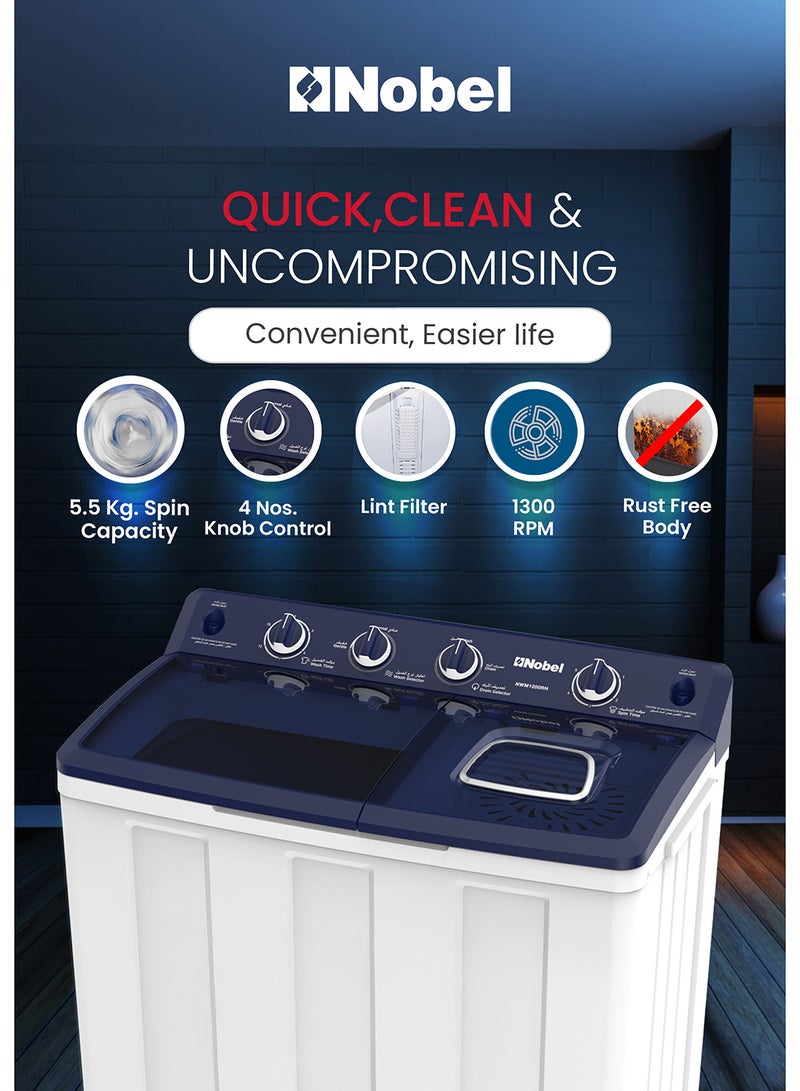 Nobel 10/5 Kg Twin Tub Washer Dryer with 10KG washer and 5KG spin capacity, 1300 RPM, ABS Control Panel, PP Pulsator, Dual Timer, Heavy/Regular Wash, Transparent Lid, Lint Filter 10 kg (1 Year Warranty) 10 kg NWM1200RH White / Black / Gold - Image 4