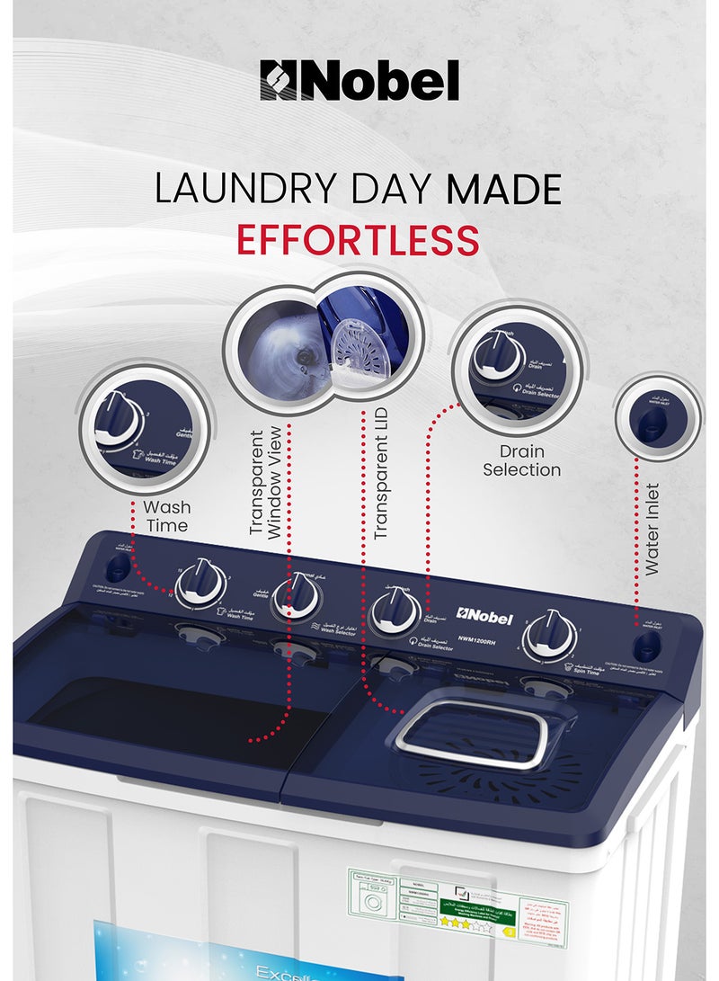 Nobel 10/5 Kg Twin Tub Washer Dryer with 10KG washer and 5KG spin capacity, 1300 RPM, ABS Control Panel, PP Pulsator, Dual Timer, Heavy/Regular Wash, Transparent Lid, Lint Filter 10 kg (1 Year Warranty) 10 kg NWM1200RH White / Black / Gold - Image 3