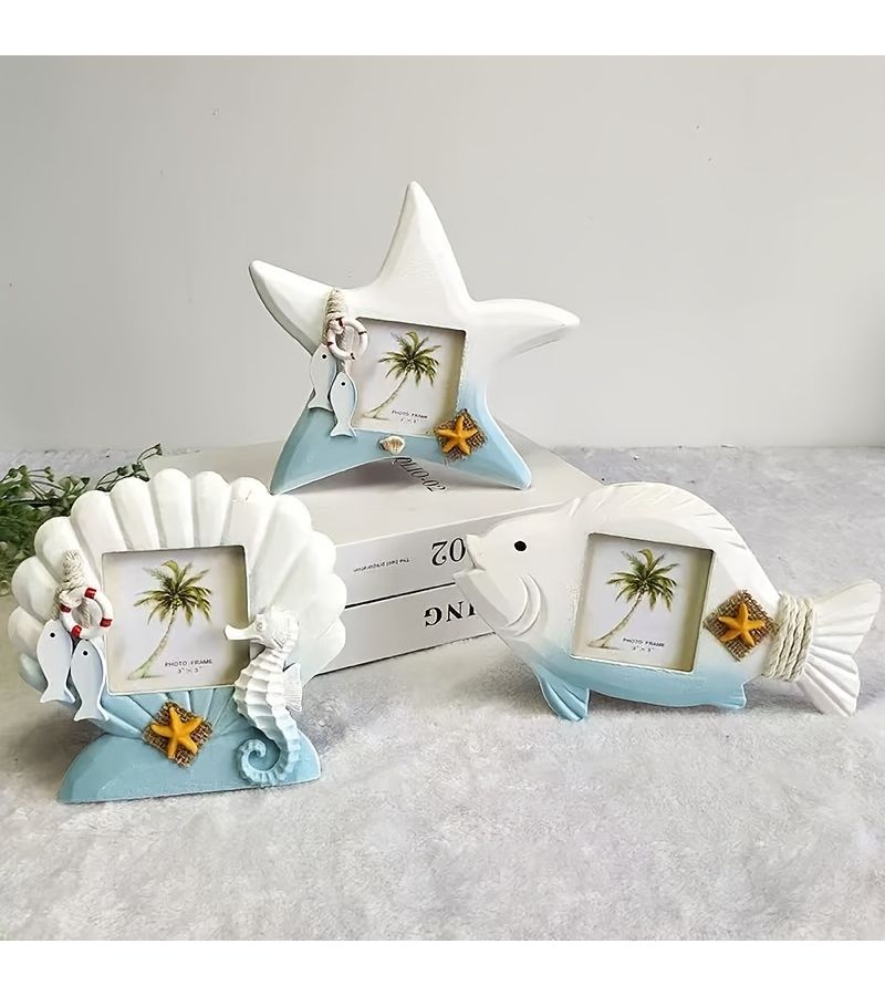 Dark Blue Ocean 3 Inch Small Fish Biomorphic Photo Frame Set Starfish Seashell Desktop Decor - Image 2