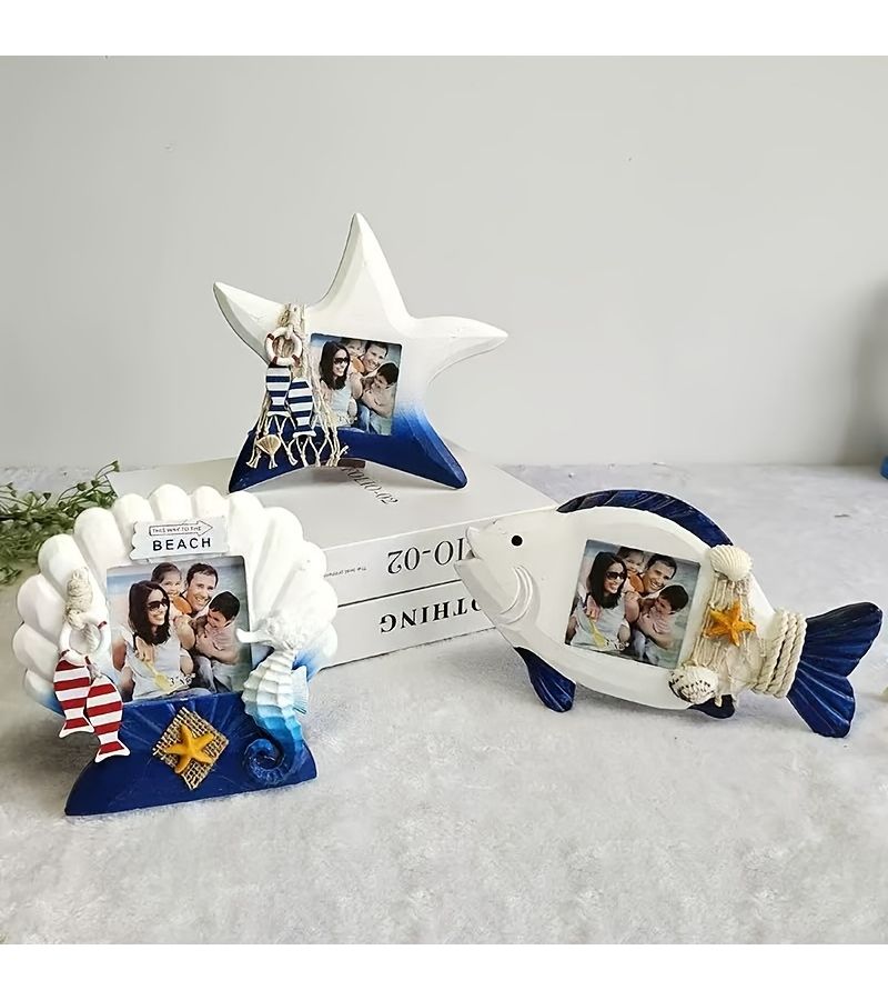 Dark Blue Ocean 3 Inch Small Fish Biomorphic Photo Frame Set Starfish Seashell Desktop Decor - Image 4