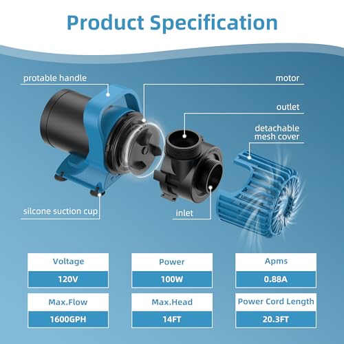 TONGCHANT 1600GPH Pond Pump for Outdoor Ponds and Water Garden, 180° Adjustable Flow Direction, 100W Ultra-Quiet Fountain Pump with 20ft Cord & Debris Barrier Bag, Waterfall Pump, UL listed - Image 3