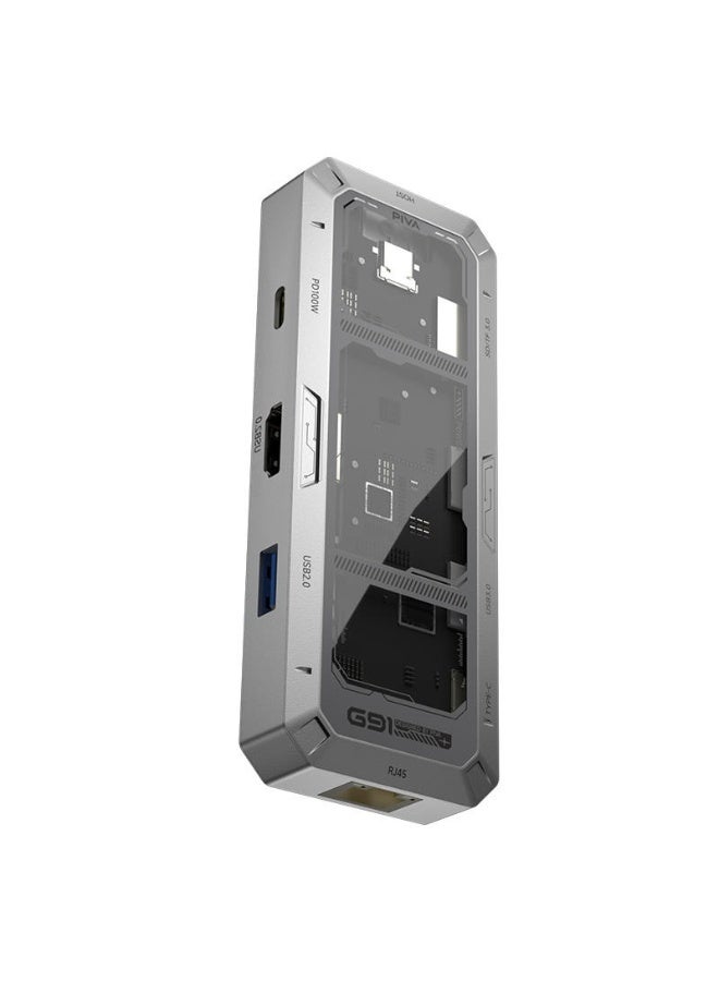 PIVA G91 is a 9-in-1 multi-functional USB-C docking station made of transparent, shock-resistant aluminum. It's a multi-port USB-C adapter that supports 4K60Hz, PD100W, USB3.0, SD, and TF cards, making it ideal for gamers and office workers. - Image 1