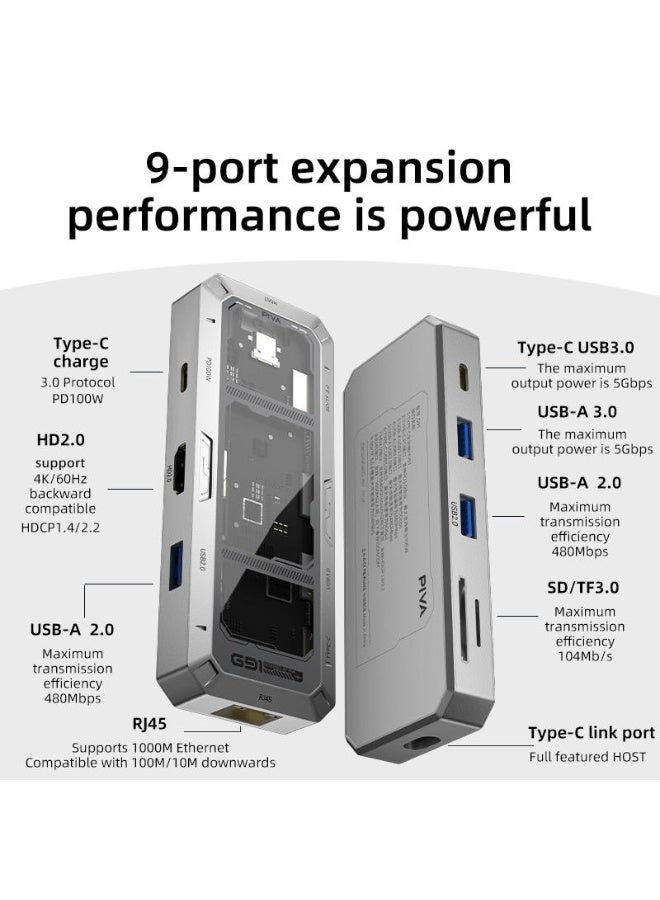 PIVA G91 is a 9-in-1 multi-functional USB-C docking station made of transparent, shock-resistant aluminum. It's a multi-port USB-C adapter that supports 4K60Hz, PD100W, USB3.0, SD, and TF cards, making it ideal for gamers and office workers. - Image 2