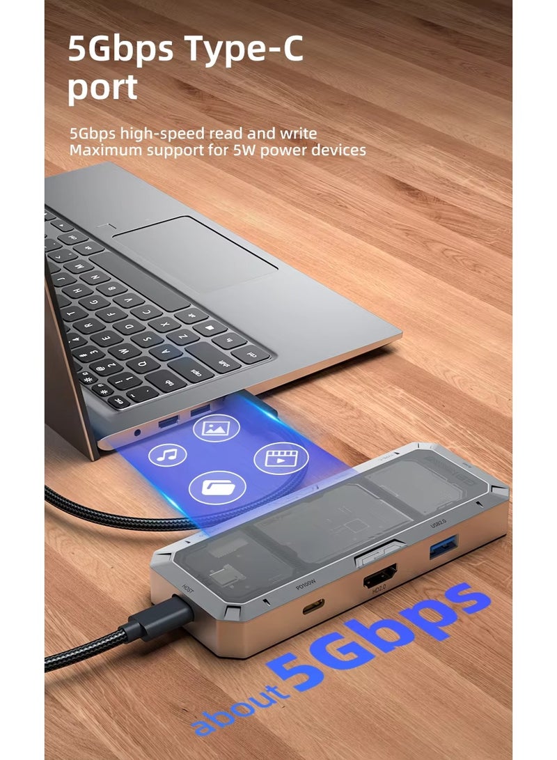PIVA G91 is a 9-in-1 multi-functional USB-C docking station made of transparent, shock-resistant aluminum. It's a multi-port USB-C adapter that supports 4K60Hz, PD100W, USB3.0, SD, and TF cards, making it ideal for gamers and office workers. - Image 5