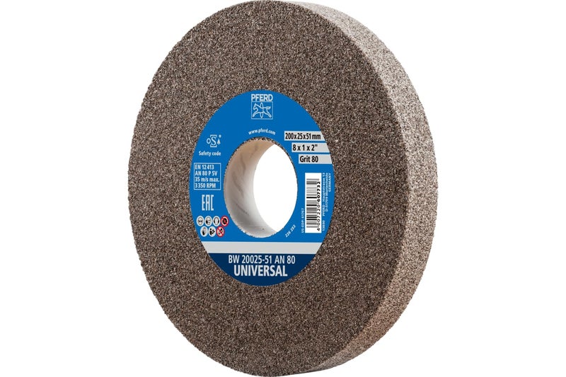 PFERD Vitrified Bench Grinding Wheel – Universal, 8" Diameter, 1" Thick, 1-1/4" Arbor, 80 Grit, Aluminum Oxide, for General Metalworking - Part 61767 - Image 1