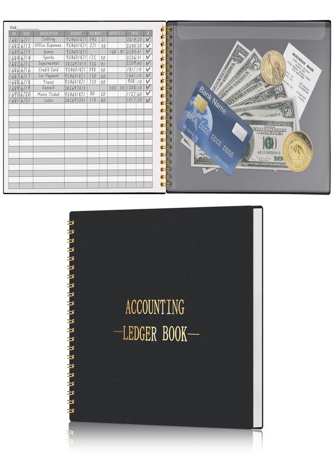 HAUTOCO Accounting Ledger Book for Small Business Bookkeeping Home Budget Tracking with 2 Storage Pouch, Accounting Log Journal Personal Money Ledger Expense Tracking Notebook 10.1 x 7.8'', Black - Image 1