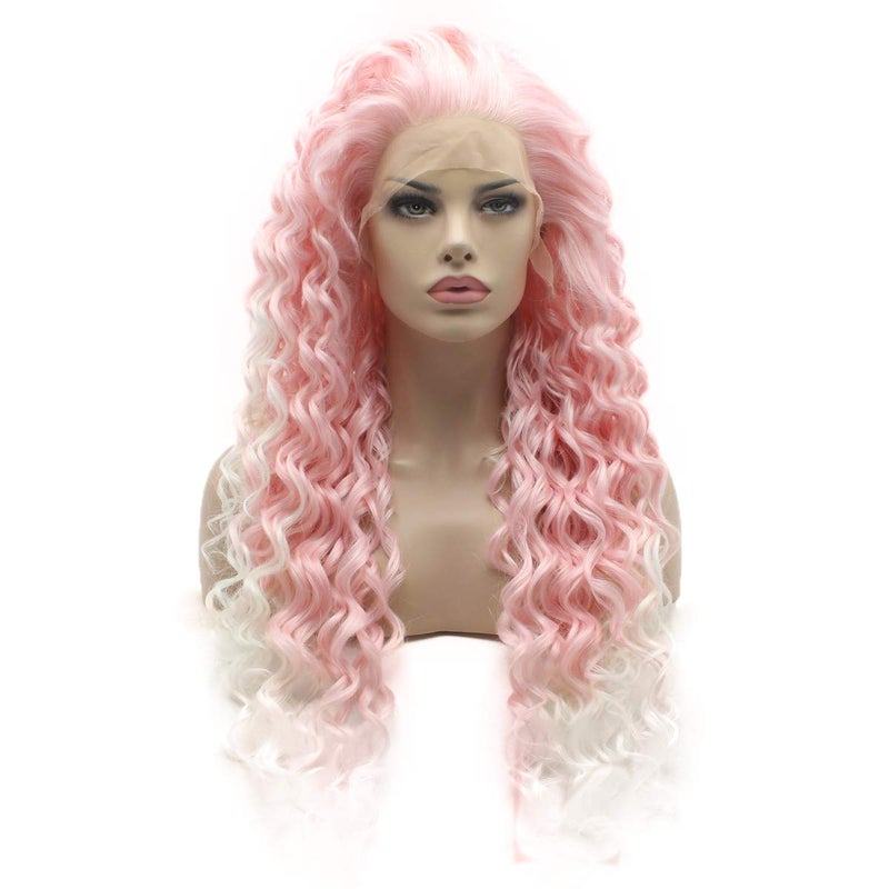 Lushy Lushy Long 26inch Curly Pink Root White Ombre Wig Heavy Density Realistic Synthetic Lace Front Wig 