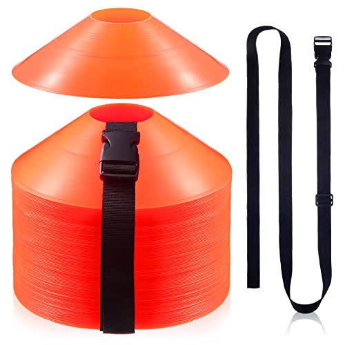 Kenning 100 Pieces Soccer Cones with Strap Agility Disc Cones Soccer Training Cones Soccer Cones for Drills Orange Mark Disks for Challenge Football Basketball Skating Kids Games Outdoor Indoor 2 Straps - Image 1