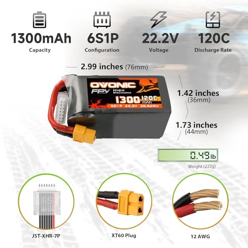 OVONIC 6s Lipo Battery 120C 1300mAh 22.2V Lipo Battery with XT60 Connector for RC FPV Racing Drone Quadcopter - Image 2