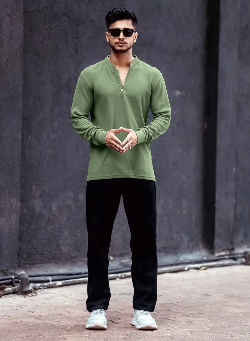 Maniac  Maniac Mens High Neck Solid Full Sleeve Hunter Green Cotton Slim Fit T-Shirt for Men | Best Price UAE
