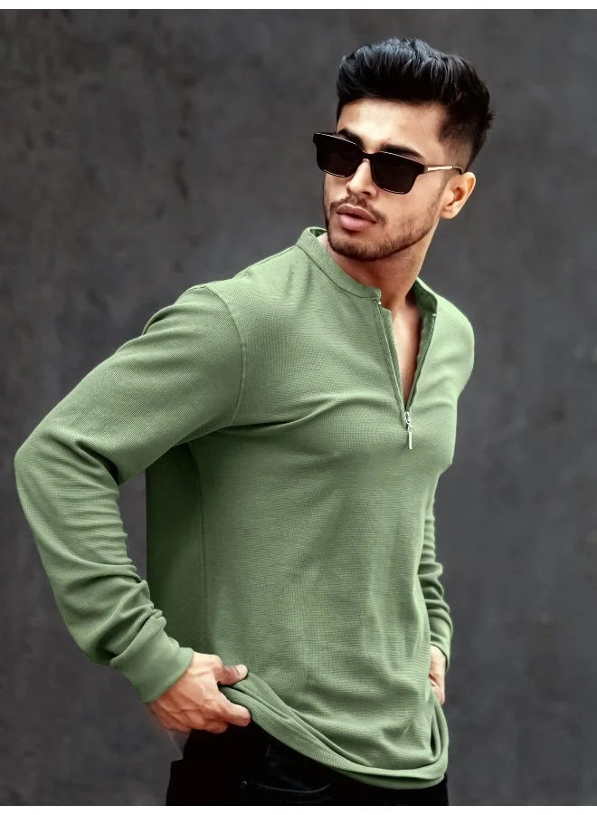 Maniac  Maniac Mens High Neck Solid Full Sleeve Hunter Green Cotton Slim Fit T-Shirt for Men | Best Price UAE