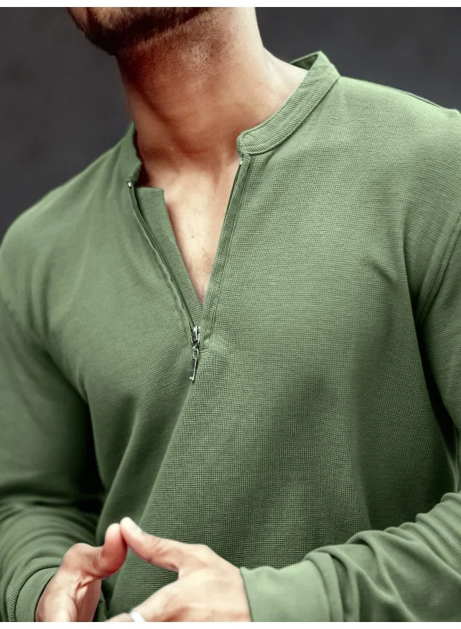 Maniac  Maniac Mens High Neck Solid Full Sleeve Hunter Green Cotton Slim Fit T-Shirt for Men | Best Price UAE