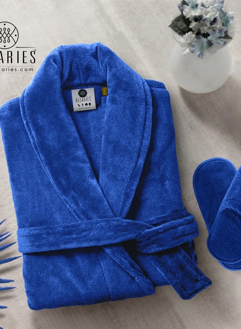 ريزاريز رداء حمام فاخر - 100% قطن مخملي ناعم - أزرق - طقم 2 قطعة - للجنسين - Image 2