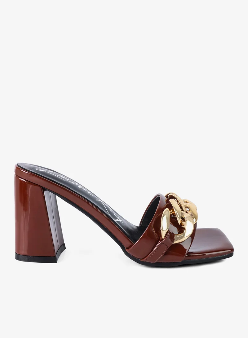 Espresso Metal Chain Detail Patent PU Sandal