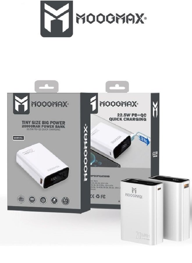 Marvel power bank 20000mAh with 22.5W, and an elegant design, small Mini size and weight, two ports (Type-C) & (USB-A), portable power bank fast charging, and a digital display screen. White color