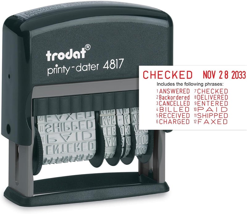 Trodat طابع Printy 4817 الاقتصادي Dial-A-Phrase، 12 رسالة مكتبية شائعة، شهر بالأحرف، يوم وسنة بالأرقام، طابع تاريخ مطاطي – ذاتي الحبر (أحمر) - Image 1