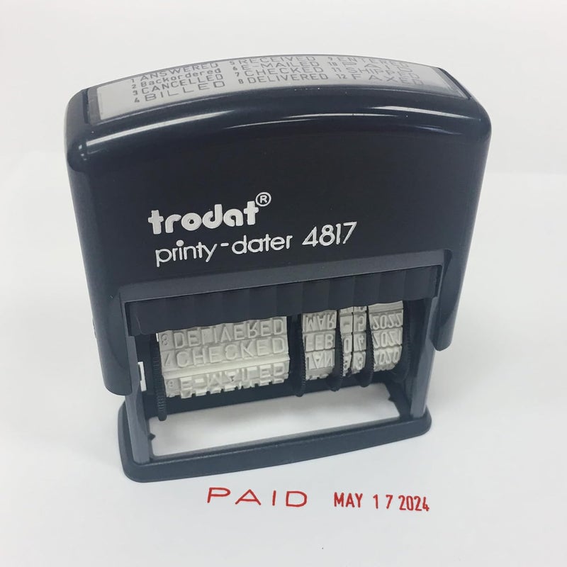 Trodat طابع Printy 4817 الاقتصادي Dial-A-Phrase، 12 رسالة مكتبية شائعة، شهر بالأحرف، يوم وسنة بالأرقام، طابع تاريخ مطاطي – ذاتي الحبر (أحمر) - Image 3