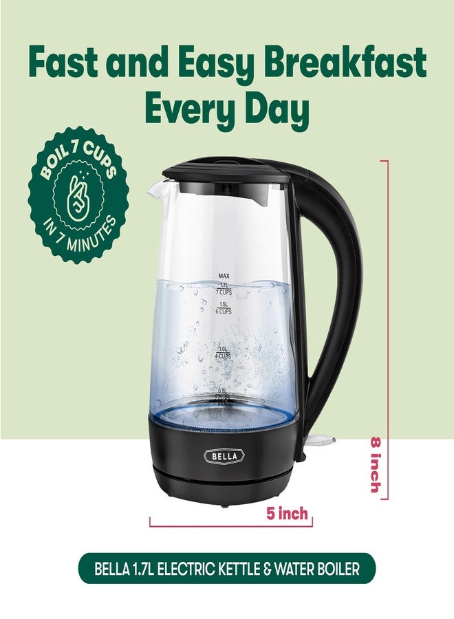 bella 1.7 Liter Glass Electric Kettle, Quickly Boil 7 Cups of Water in 6-7 Minutes, Soft Blue LED Lights Illuminate While Boiling, Cordless Portable Water Heater, Carefree Auto Shut-Off, Black - Image 2