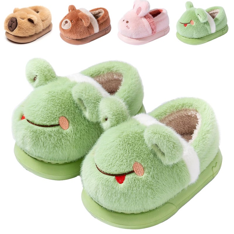 Drecage Toddler Kids Slippers Girls Boys House Shoes Winter Slippers Plush Warm Soft with Cute Cartoon Design Indoor Shoes 316 Green Frog 11.5-12 Little Kid - Image 1