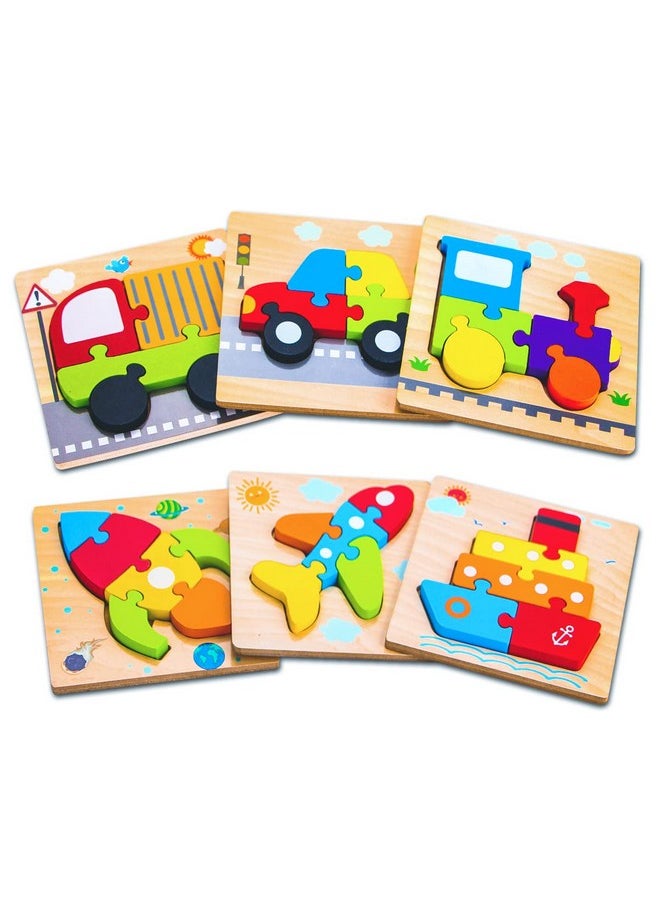 SKYFIELD - Wooden Vehicle Puzzles For 1 2 3 Years Old Boys Girls, Toddler Educational Developmental Toys Gift With 6 Vehicle Baby Montessori Color Shapes Learning Puzzles, Great Gift Ideas - Image 1