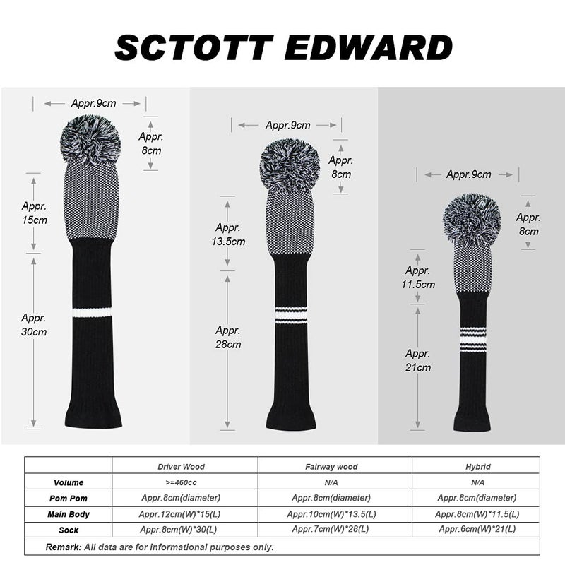 Scott Edward غطاء نادي جولف سكوت إدوارد المحبوك مع بوم مجموعة من 4 أغطية رأس بنقاط سوداء وبيضاء مرتبة لحماية الخشب السائق (460cc) وخشب الفيرواي والهجين/UT مع علامات رقم النادي الدوارة - Image 3