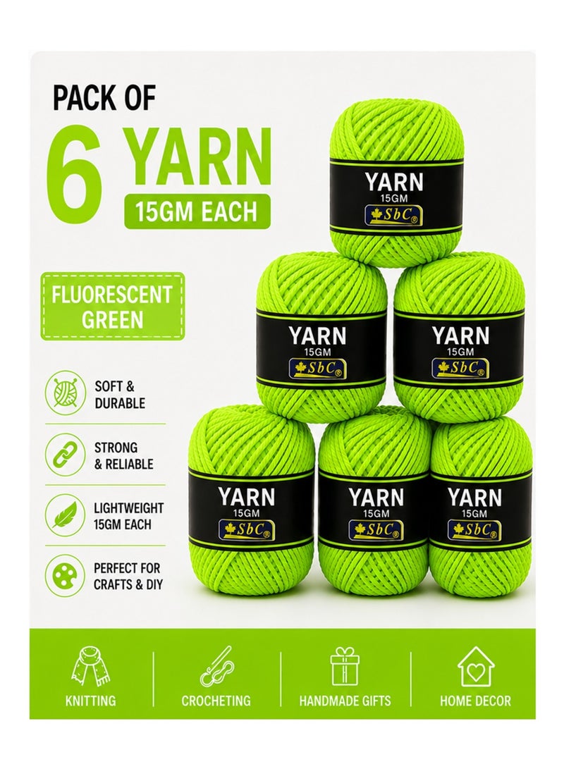 SBC 6-Piece Cotton Wool Yarn For Art And Crafts 15gm Content Fourescent Green - Image 1