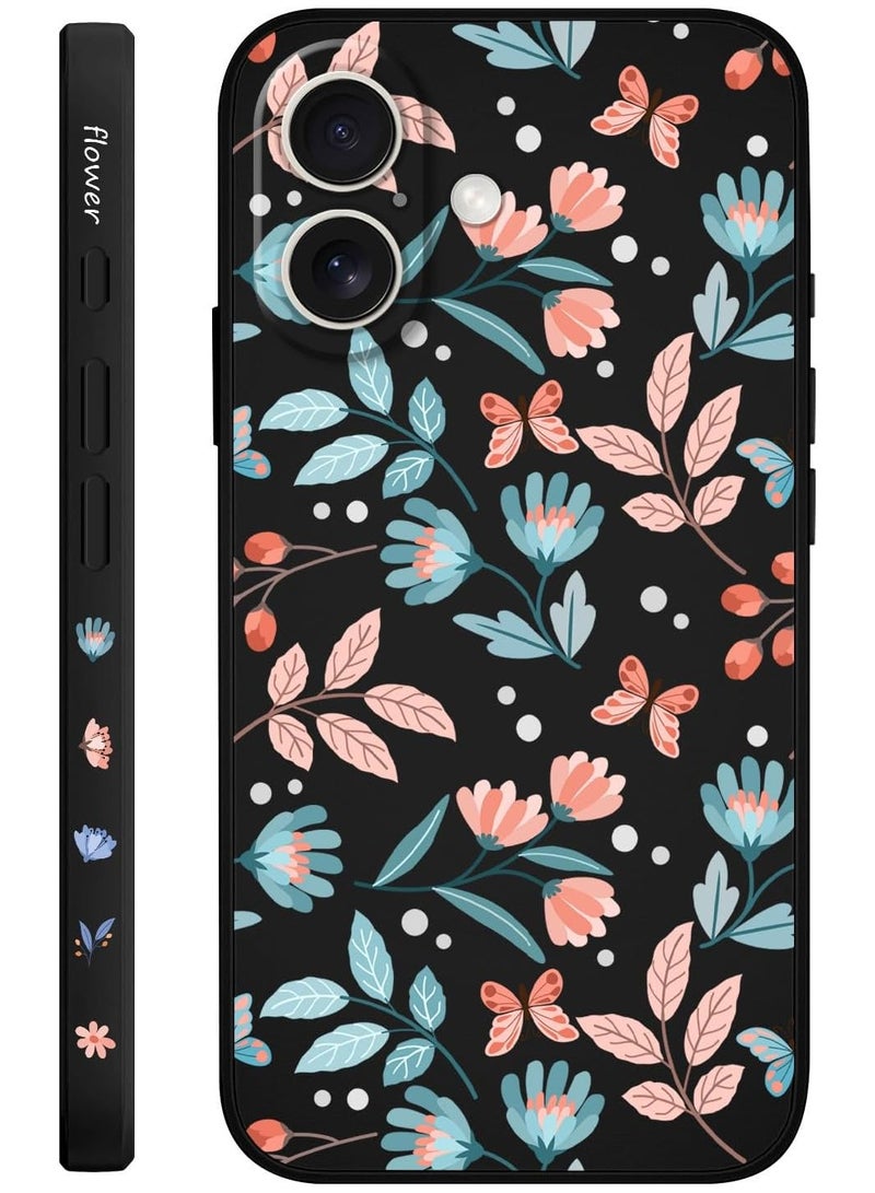 غطاء آيفون 16 بلس مقاوم للخدش مع بطانة من الألياف الدقيقة، غطاء هاتف سيليكون نحيف للغاية لآيفون 16 بلس بحجم 6.7 بوصة - لون أسود بأوراق. - Image 1