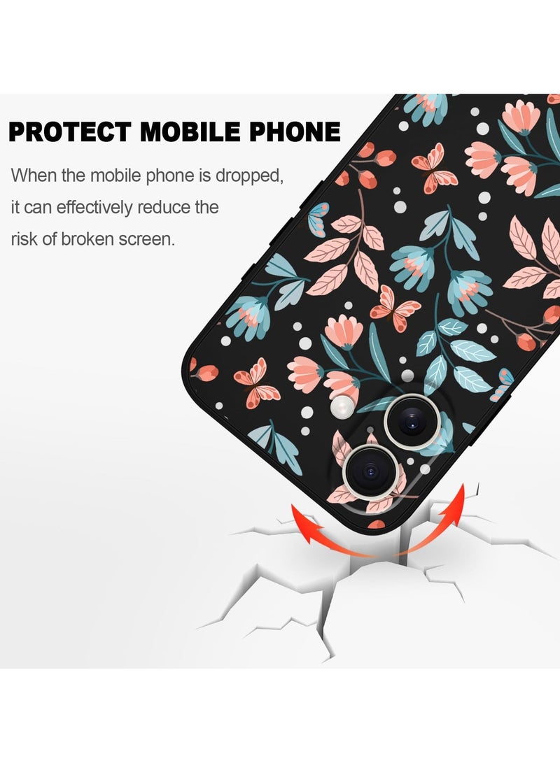 غطاء آيفون 16 بلس مقاوم للخدش مع بطانة من الألياف الدقيقة، غطاء هاتف سيليكون نحيف للغاية لآيفون 16 بلس بحجم 6.7 بوصة - لون أسود بأوراق. - Image 5