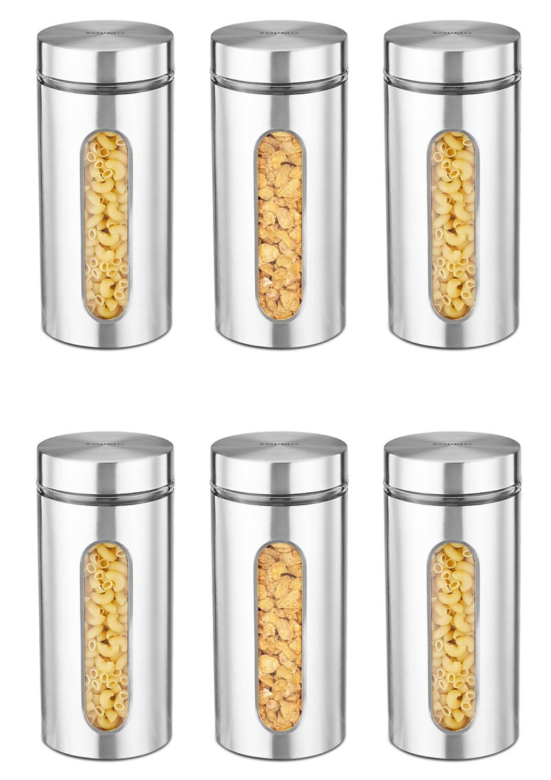 WRINGO Steel Cover Window Clear Glass Jars, Pantry Organizers Containers for Kitchen Storage Food Spices Canister with Airtight Lid Container Organizer, Tea Coffee & Sugar (H4030-1200ML, Set of 6) - Image 1