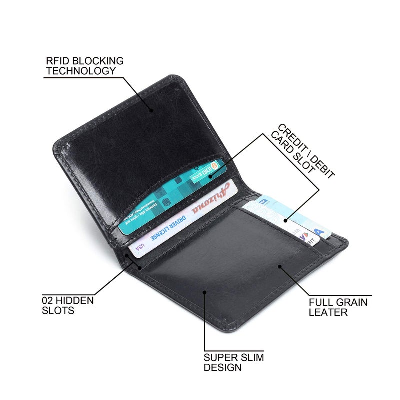FOXHACKLE Leather Credit Card Holder for Men and Women, Thin Bifold RFID Blocking Wallet, Slim Front Pocket Minimalist Wallet, Small Black Color Card Case. - Image 4