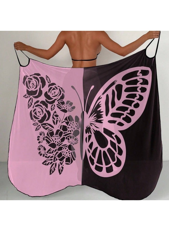 إسكدنيا 2024 European And American Popular Swimsuit Blouse Mainstream Flower erfly Fixed Version Printed Beach Towel Shawl Blouse-Color:Blue And Yellow- - Image 5