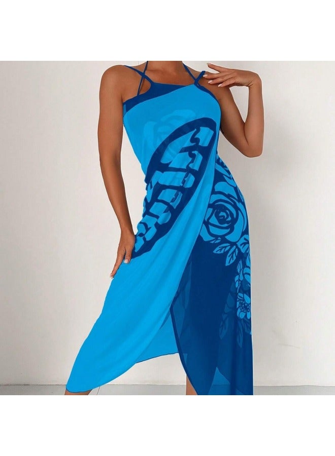 إسكدنيا 2024 European And American Popular Swimsuit Blouse Mainstream Flower erfly Fixed Version Printed Beach Towel Shawl Blouse-Color:Blue And Yellow- - Image 4