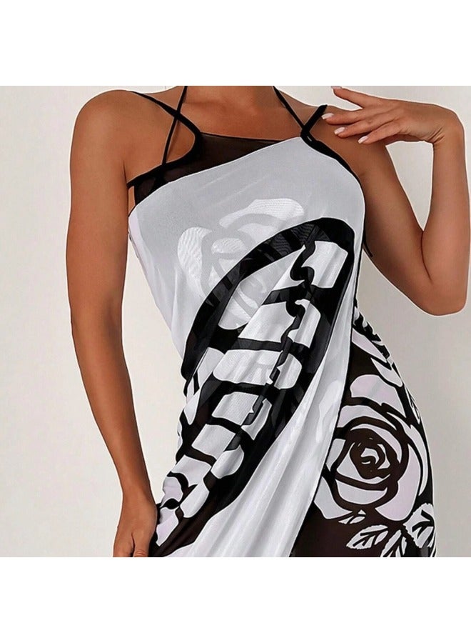 إسكدنيا 2024 European And American Popular Swimsuit Blouse Mainstream Flower erfly Fixed Version Printed Beach Towel Shawl Blouse-Color:Blue And Yellow- - Image 2