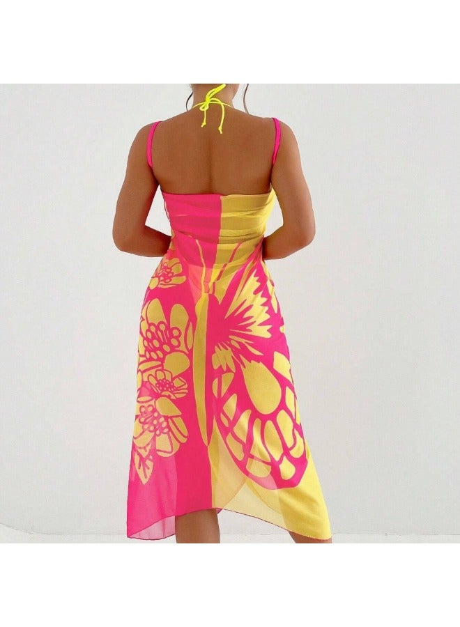 إسكدنيا 2024 European And American Popular Swimsuit Blouse Mainstream Flower erfly Fixed Version Printed Beach Towel Shawl Blouse-Color:Blue And Yellow- - Image 3