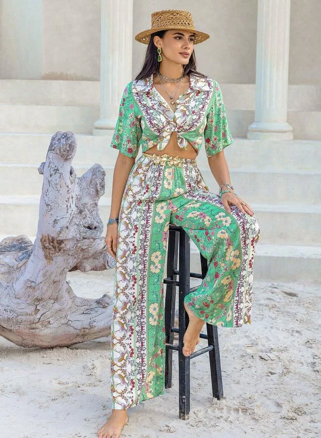 Take Two Take Two Floral Printed Tie-Up Blouse with Wide Leg Pants Co-Ords