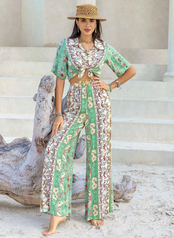 Take Two Take Two Floral Printed Tie-Up Blouse with Wide Leg Pants Co-Ords