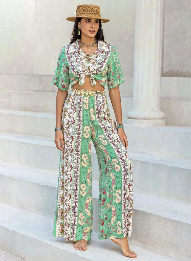 Take Two Take Two Floral Printed Tie-Up Blouse with Wide Leg Pants Co-Ords